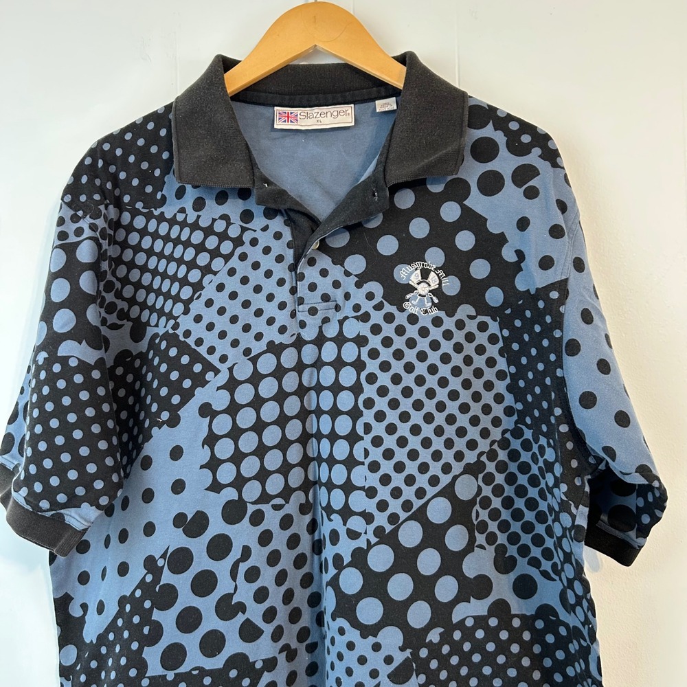 Slazenger Mens Golf Polo Shirt XL Blue Black Polka Dot Golf Club Embroidered - Picture 3 of 13